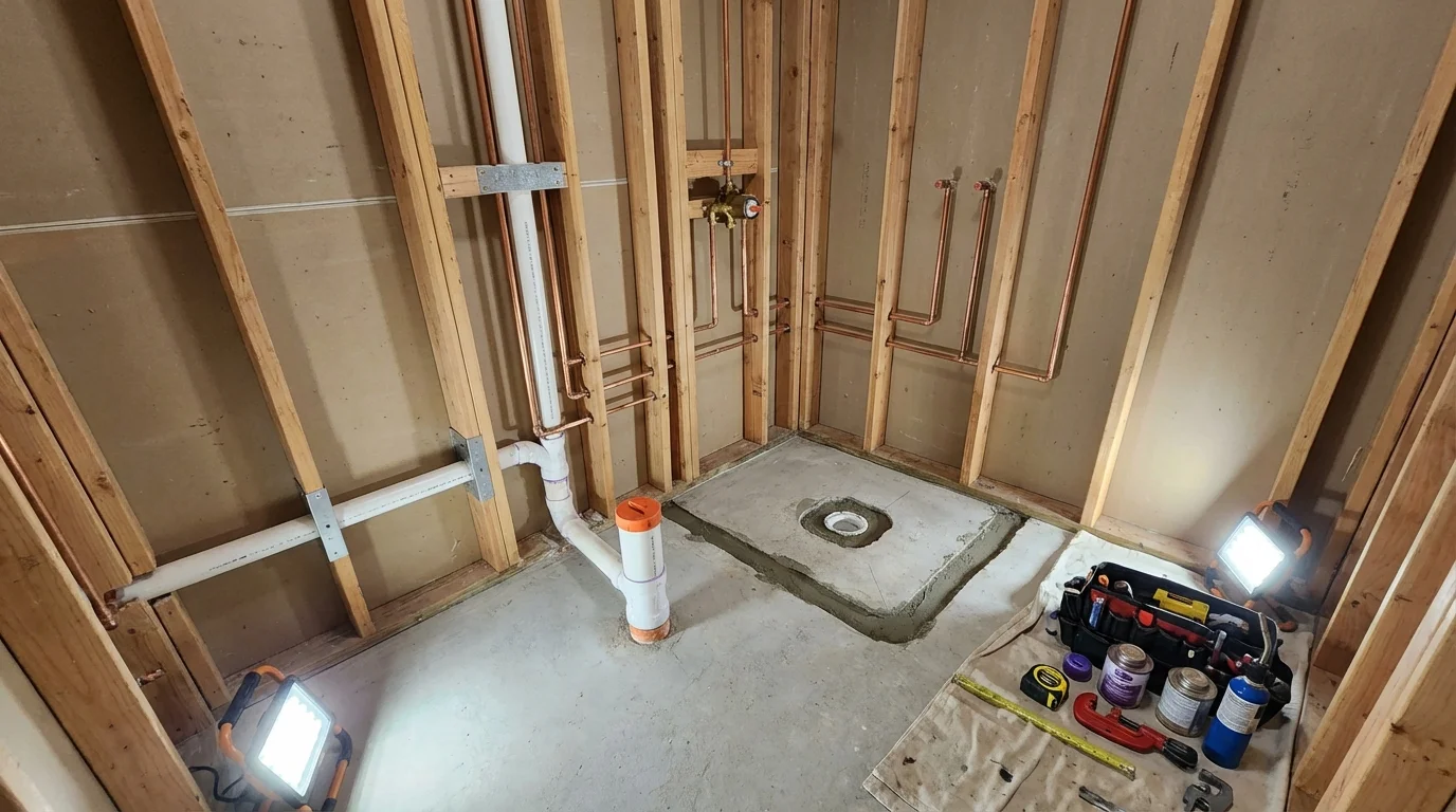 Bathroom rough-in plumbing during remodel by Johns Plumbing LLC in Melrose