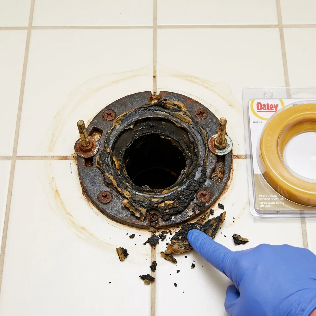 Failed wax ring showing water seepage at the base of a toilet in a Melrose, MN home