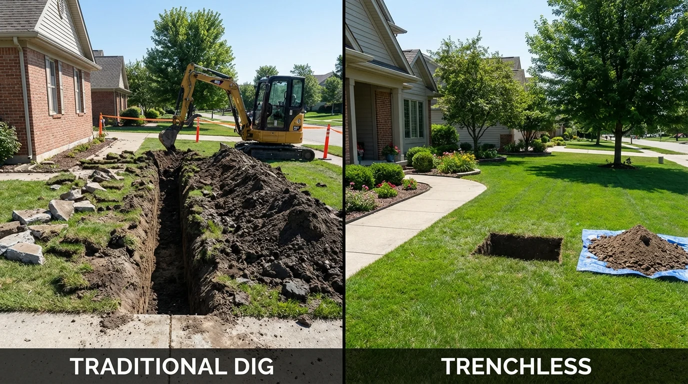 Trenchless sewer repair with minimal yard damage versus traditional excavation in Melrose, MN