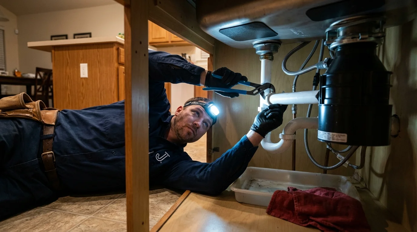 P-trap and supply line connections under a kitchen sink showing a common leak point in Melrose, MN